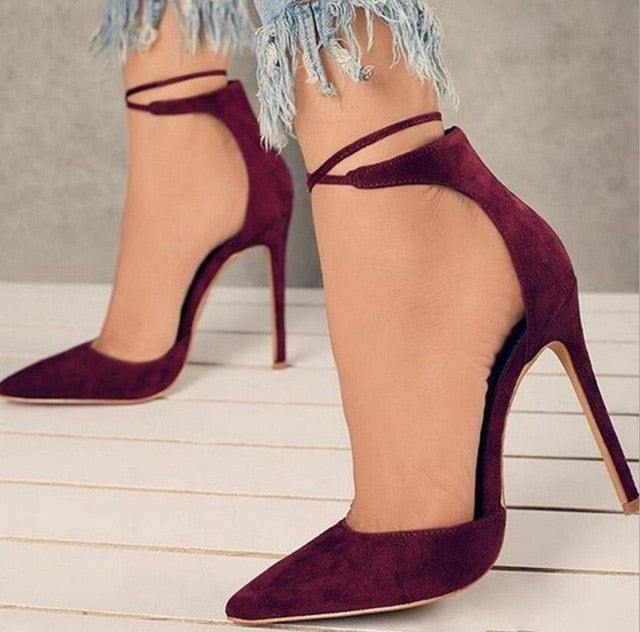 wrap around strap closed toe heel pumps maroon burgundy