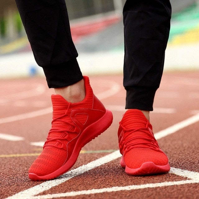 red athletic running shoes