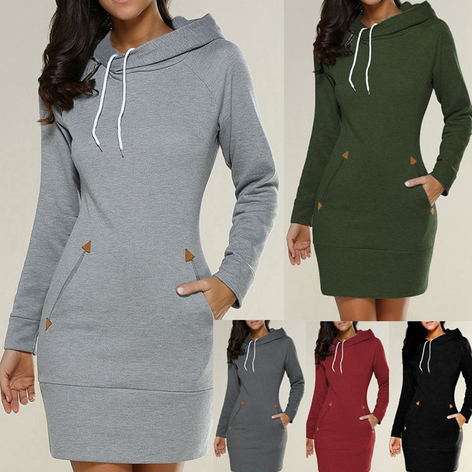Women‘s Knee-Length Pockets Dress Hooded Warm Sweat Shirt Long Sleeve Side Zip Neckline Simple Casual Sports Skirt Black / M