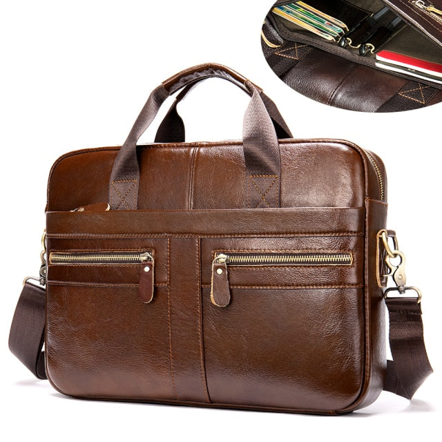 glossy brown leather briefcase carrying bag