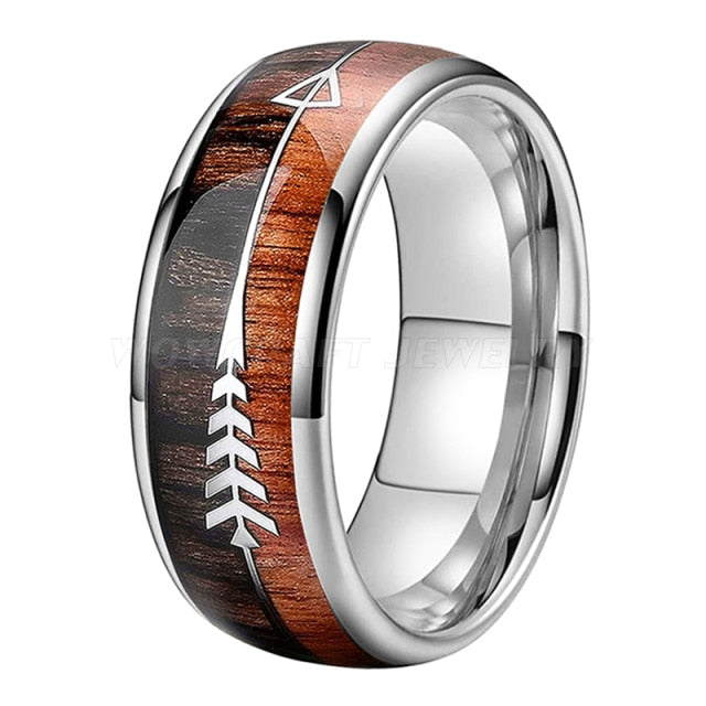 brown koa wood tungsten carbide ring silver