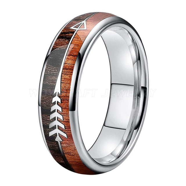 silver brown koa wood tungsten carbide ring