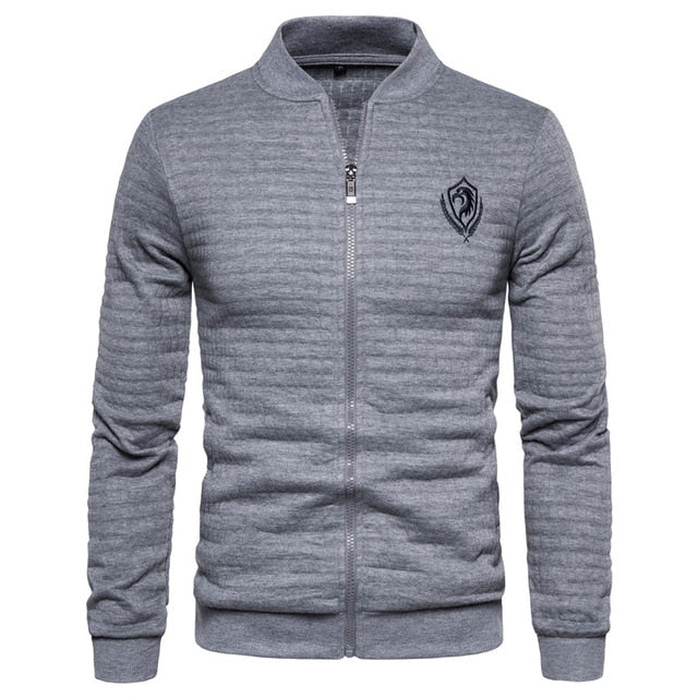 gray ribbed zip up sweater style logo jacket men