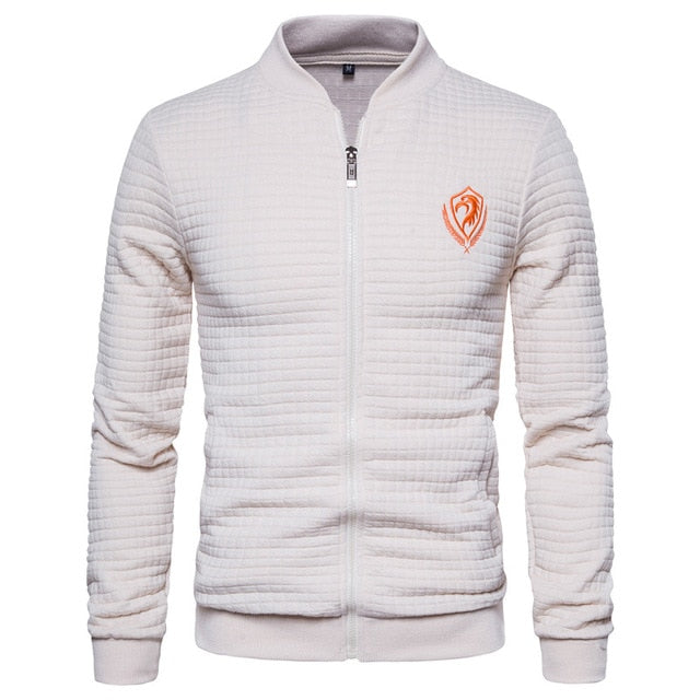 light gray ribbed zip up sweater style logo jacket men