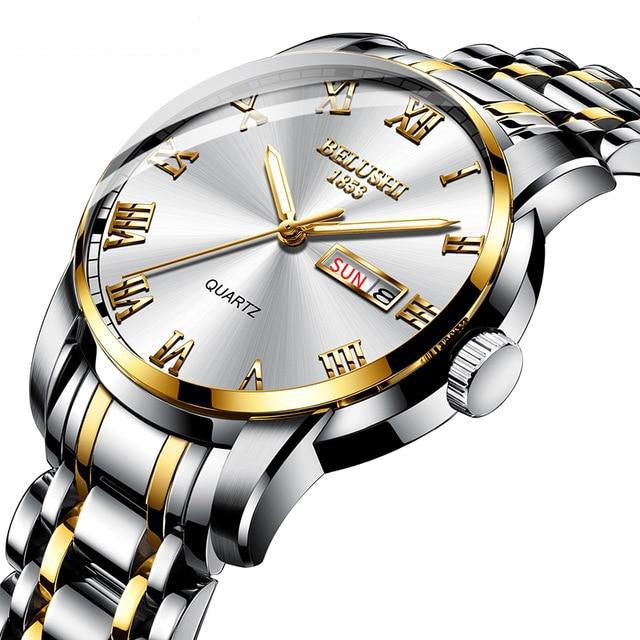 gold and silver stainless steel watch
