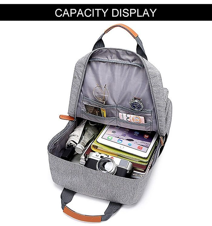 gray canvas camel leather accents laptop backpack compartments