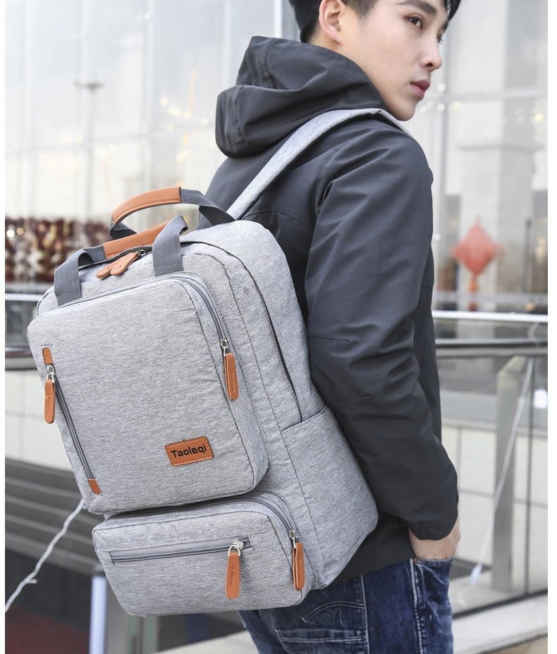 light gray canvas camel leather accents laptop backpack