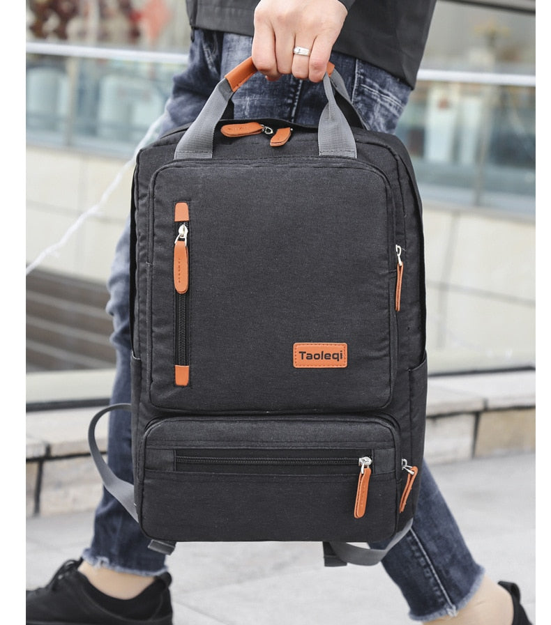 black canvas camel leather accents laptop backpack