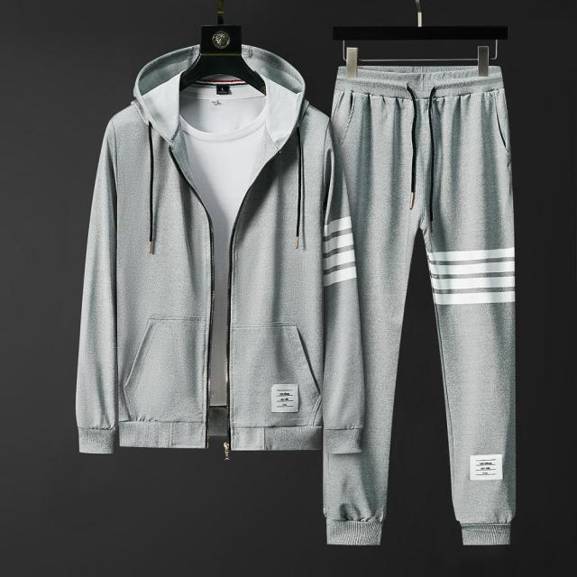 gray white strip hoodie jogger sweat suit