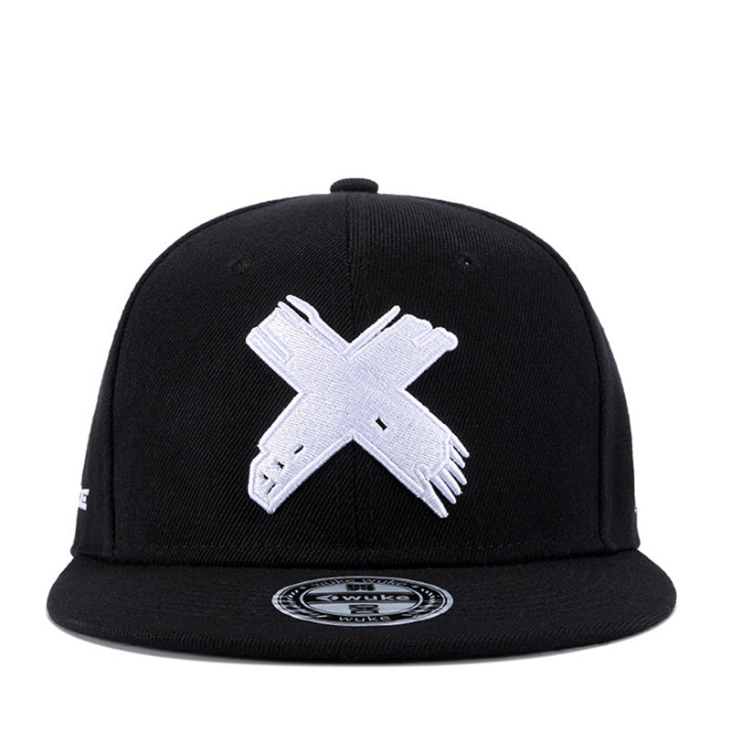 white x on black hat cap