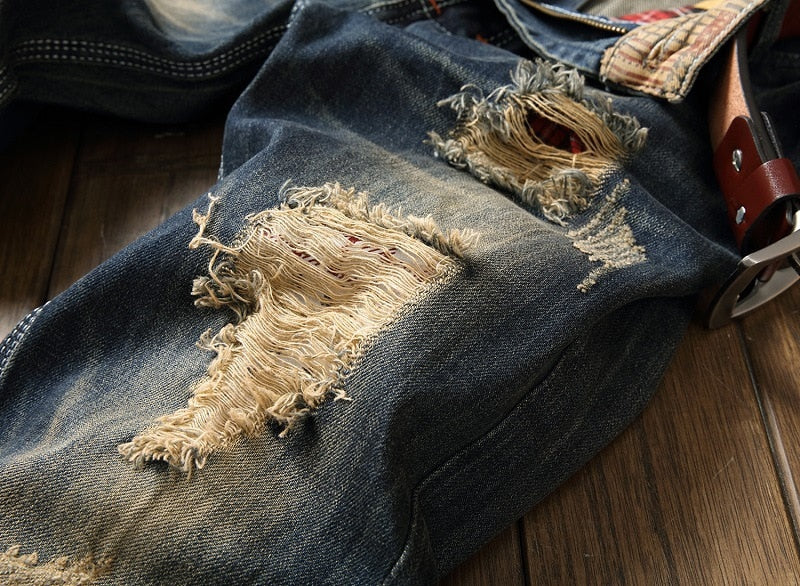 ripped holes designer stone wash denim jeans men