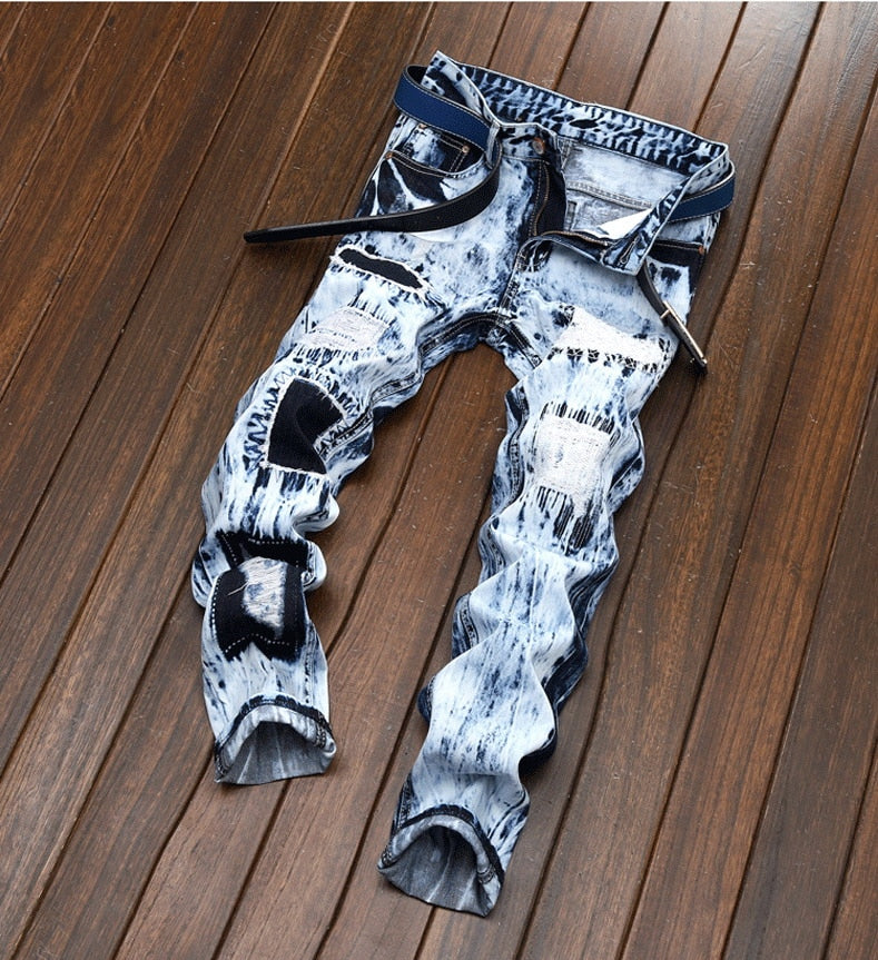 designer ripped stone wash denim jeans men