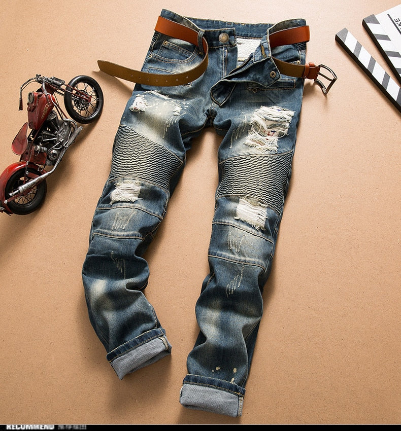 biker designer stone wash denim jeans men