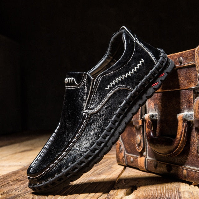 black leather moccasin loafers men