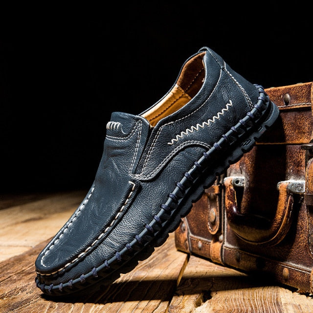 navy blue leather moccasin loafers men