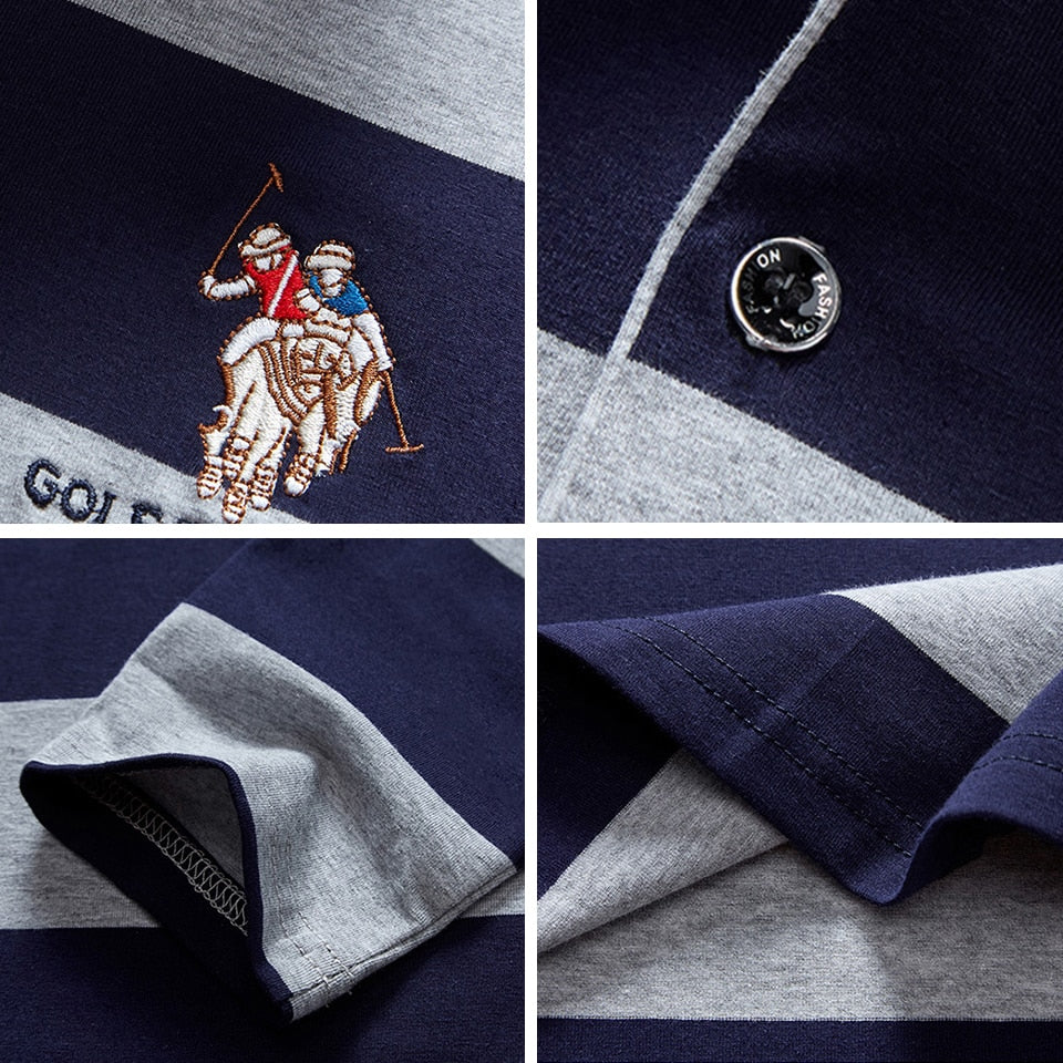 navy blue and gray striped button up long sleeve polo shirt