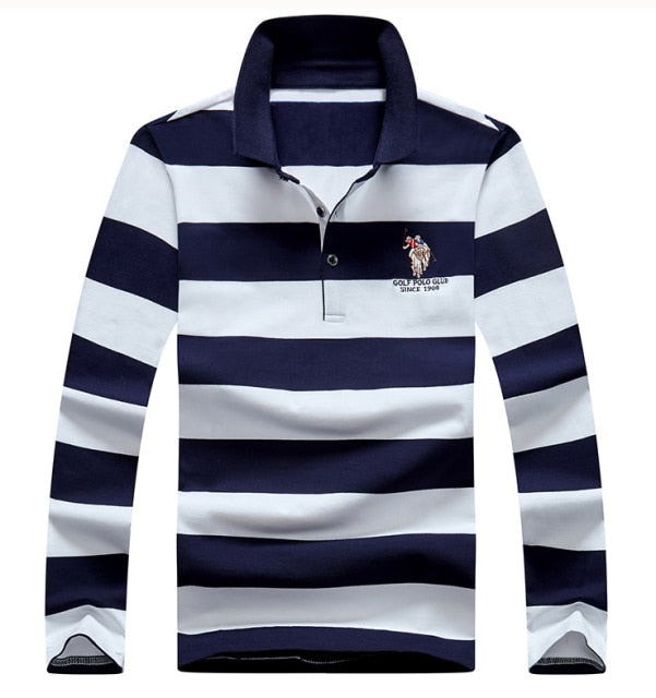 navy blue white stripe button up long sleeve polo shirt