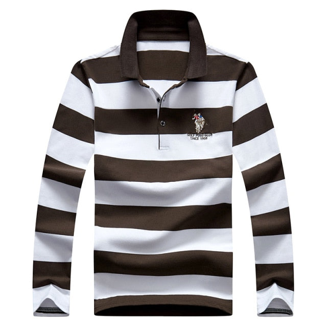 brown white stripe button up long sleeve polo shirt