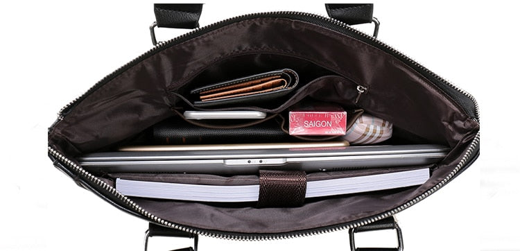 black genuine leather laptop briefcase bag pockets