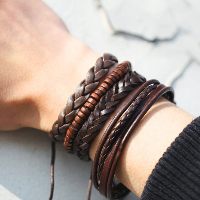 brown leather braided bracelet set