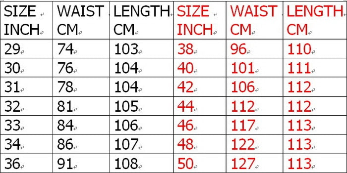 white camouflage jeans size chart