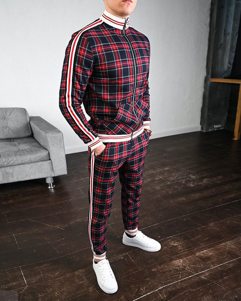 black red plaid striped accents track suit jump sets