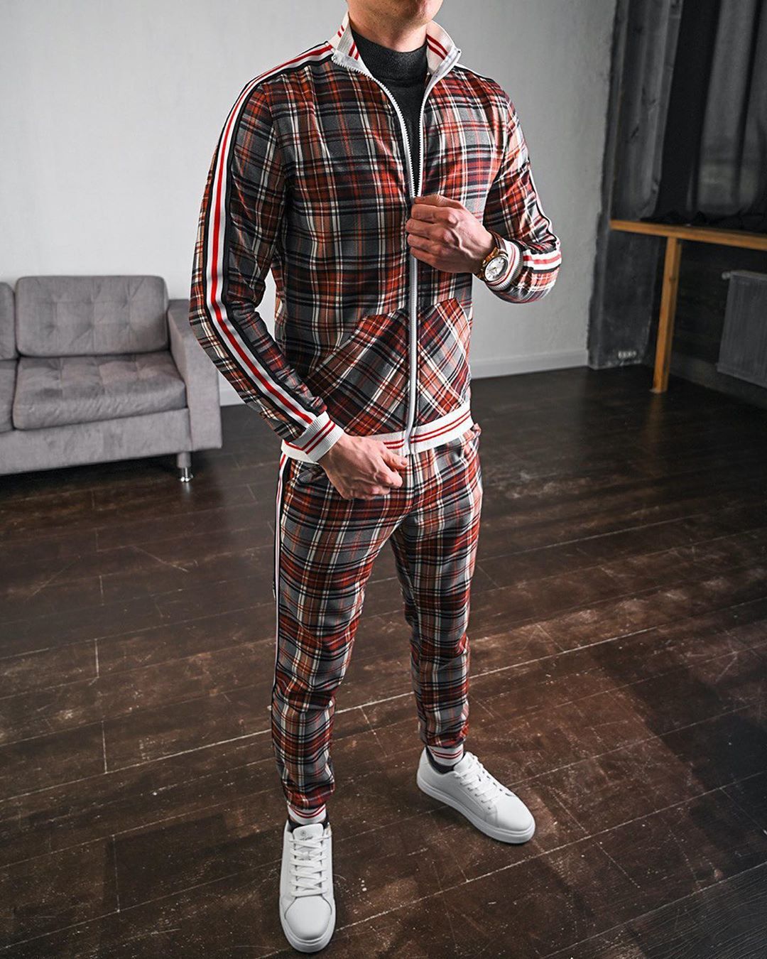red gray plaid striped accents track suit jump sets