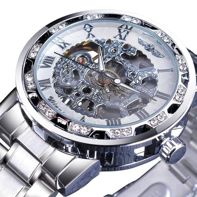 silver skeleton luxury watch