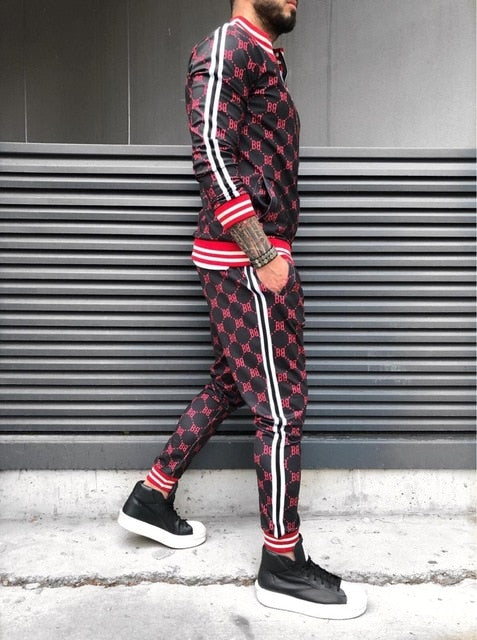black red pattern striped accents track suit jump sets