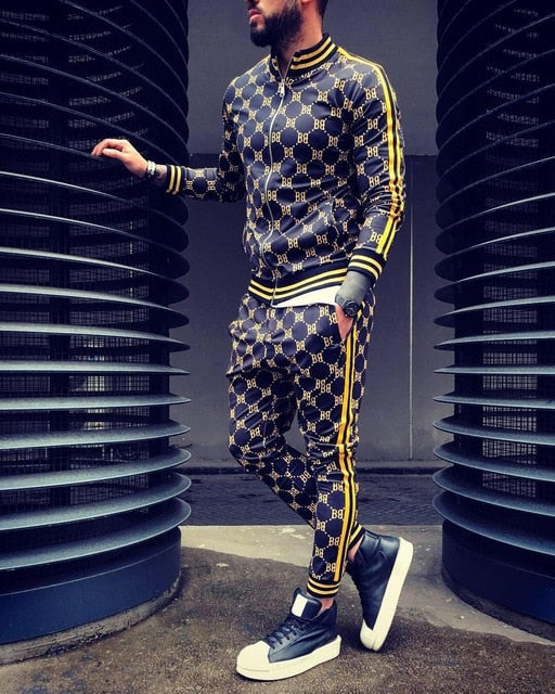blue gold pattern striped accents track suit jump sets