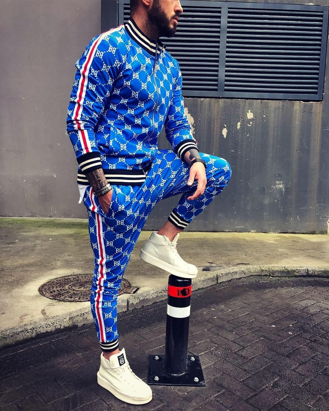 royal blue red pattern plaid striped accents track suit jump sets