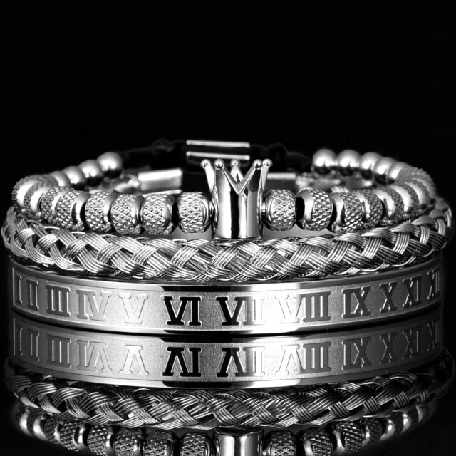 silver roman numeral crown triple bracelet set