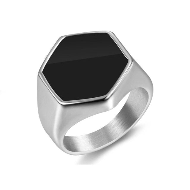 black onyx face hexagon silver ring