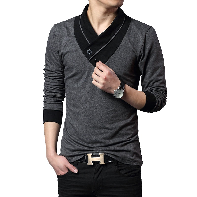  gray and black long sleeve v-neck shawl style long sleeve shirt