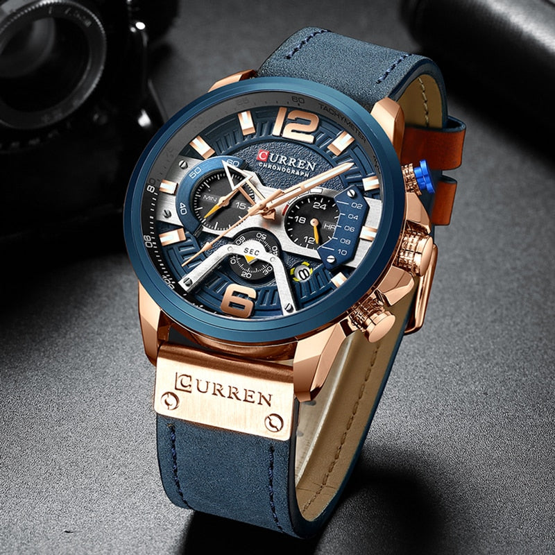 blue rose gold blue leather band watch 