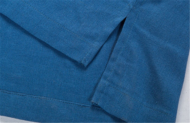 blue linen stand collar long sleeve polo shirt