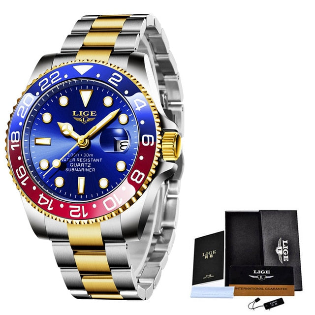 red blue gold face stainless steel lige watch men