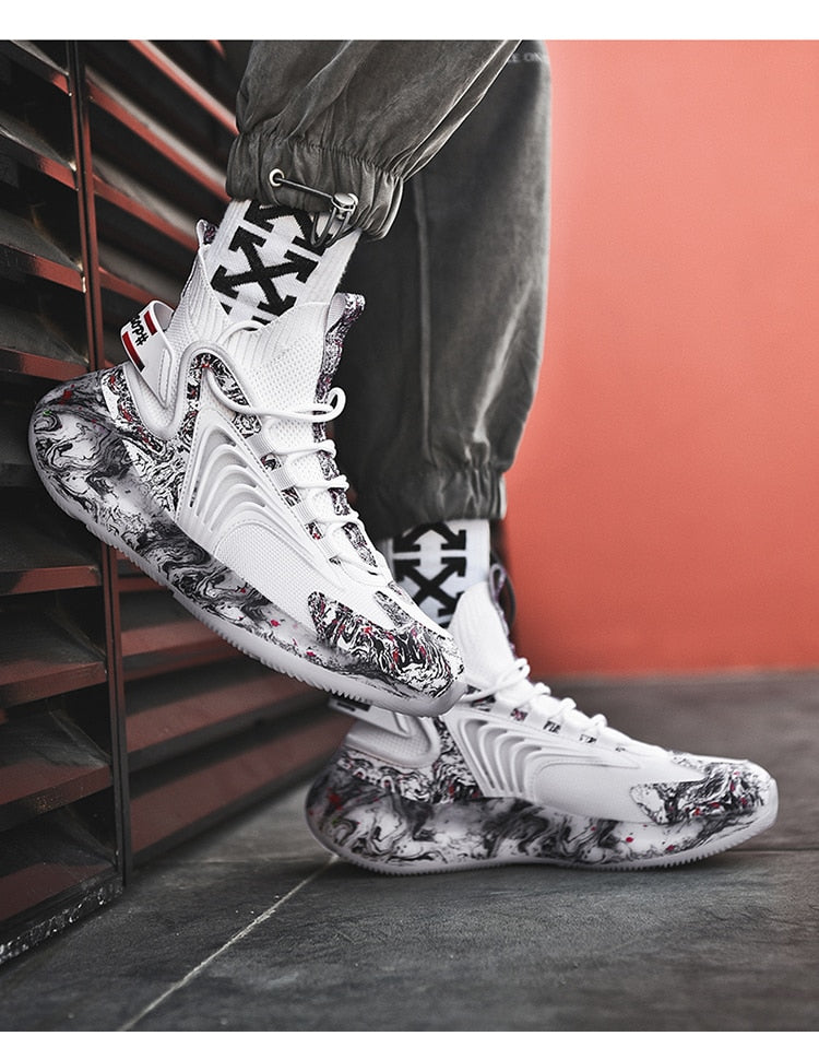 white gray swirl athletic designer basketball sneakers