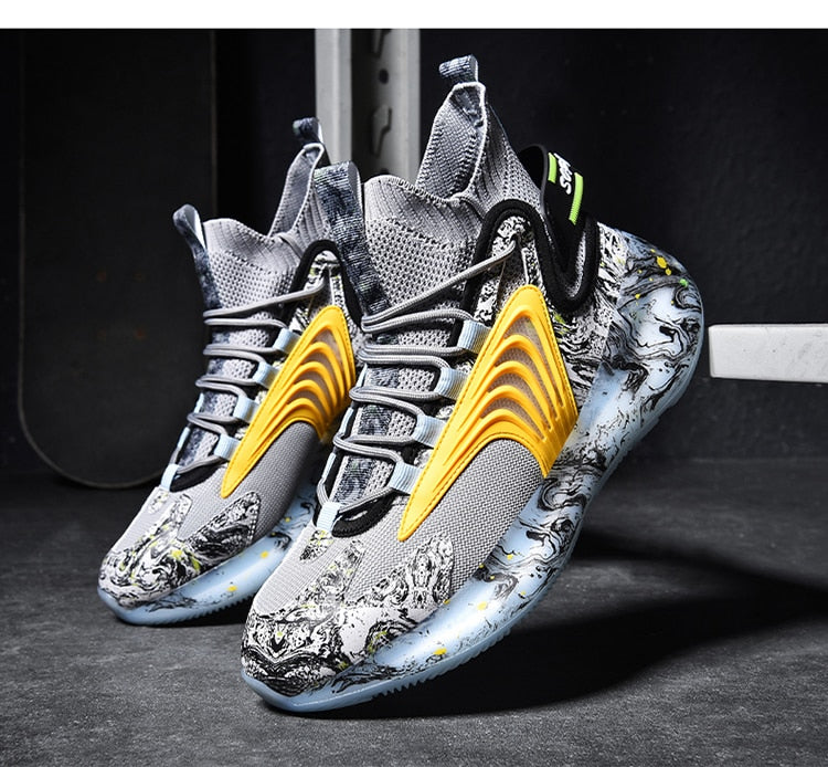 yellow gray white athletic designer basketball sneakers