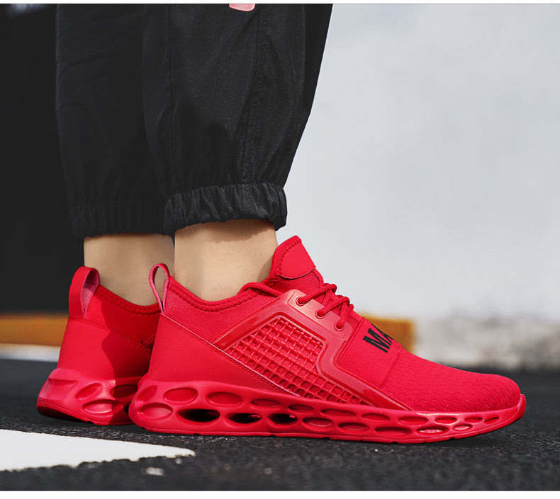 red with black lettering max running sneakers