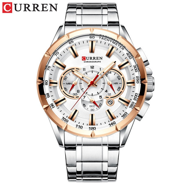 large white curren watch with red hands & rose gold rim