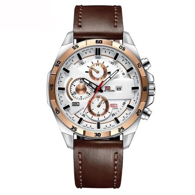 big face white rose gold brown leather band watch