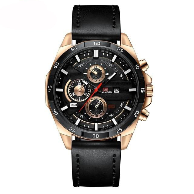 big face rose gold black leather band watch