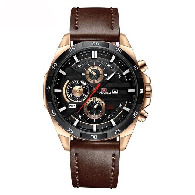 black big face rose gold brown leather band watch