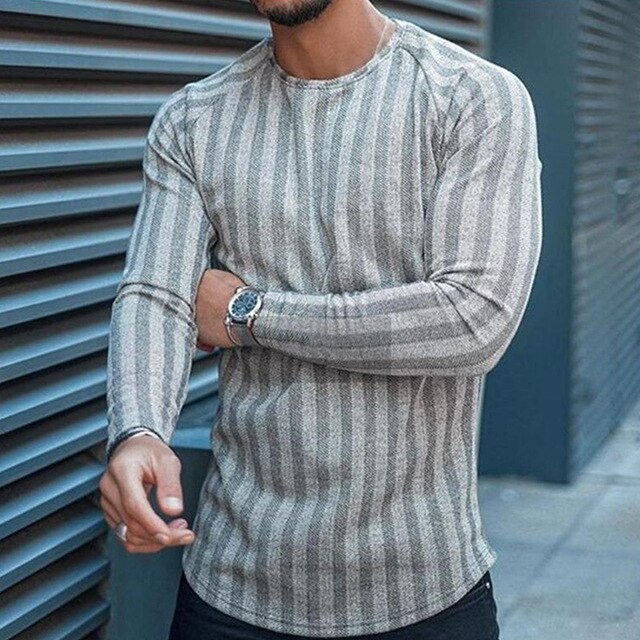 gray vertical stripes round collar long sleeve shirt men