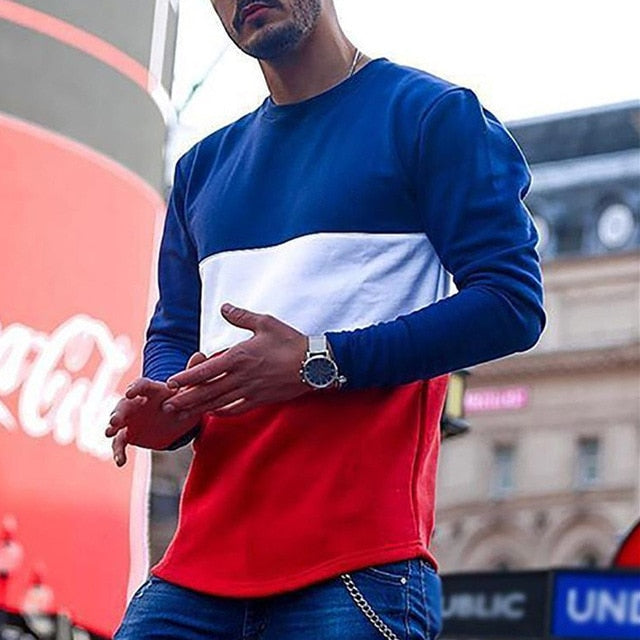 red white blue broad horizontial stripes round collar long sleeve shirt men