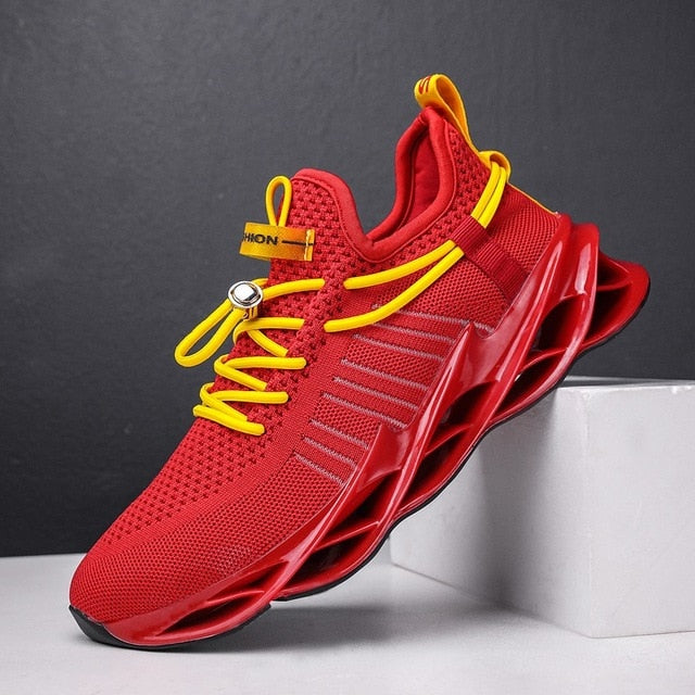 red and yellow shoe string running shoes