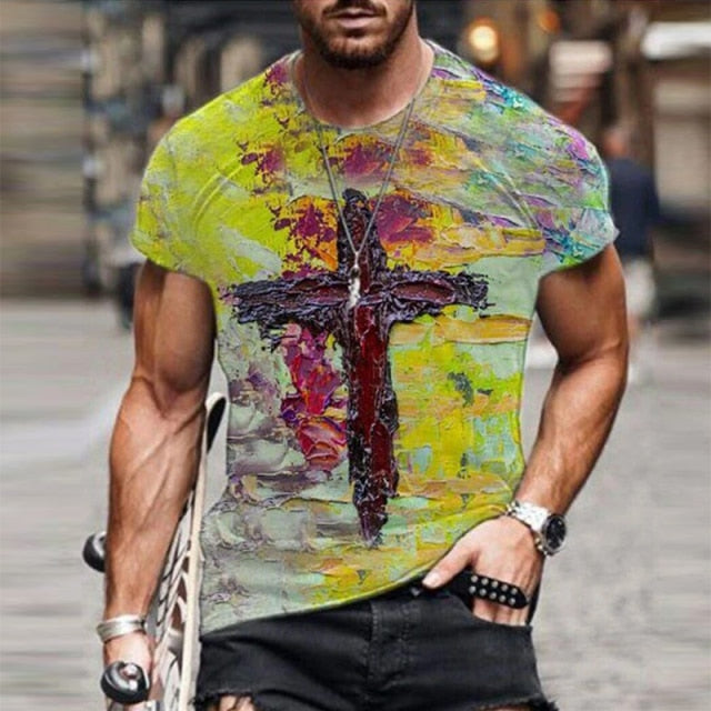 yellow abstract color cross graphic t-shirt men