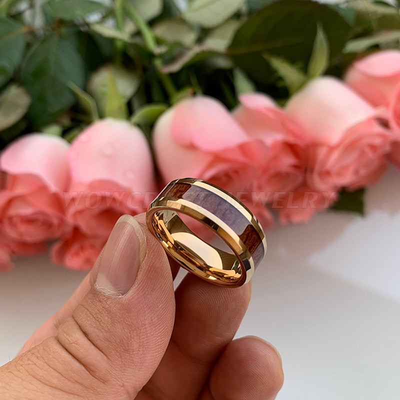 quality rose gold brown wood koa ring