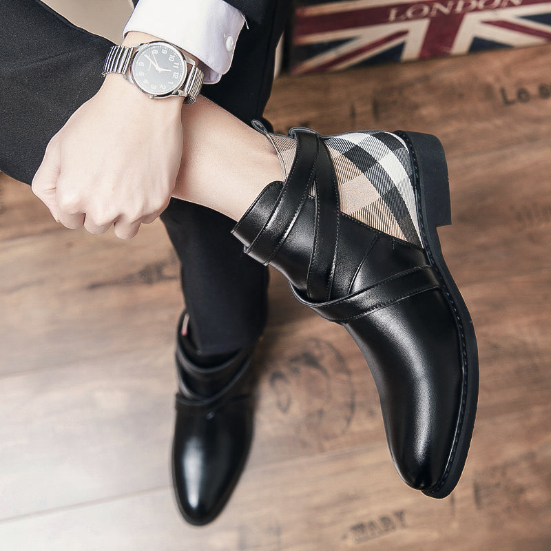 black plaid heel boots for men
